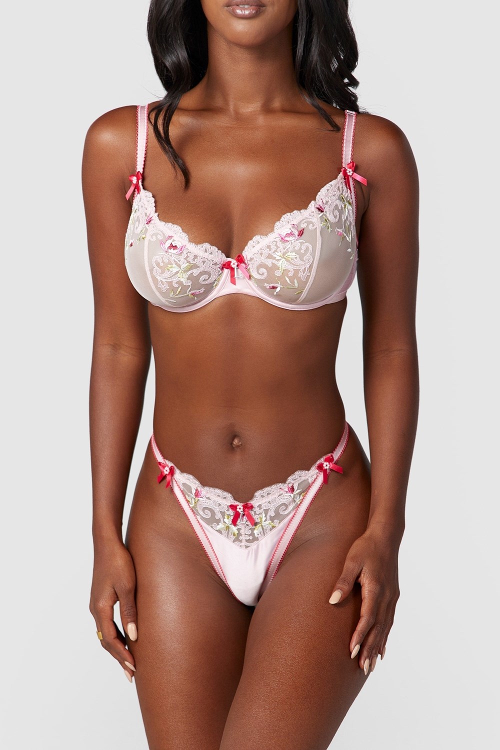 Lounge Underwear Bloom Embroidered Balcony Bra & G-string/Briefs Set Rose | AQMRIX-968