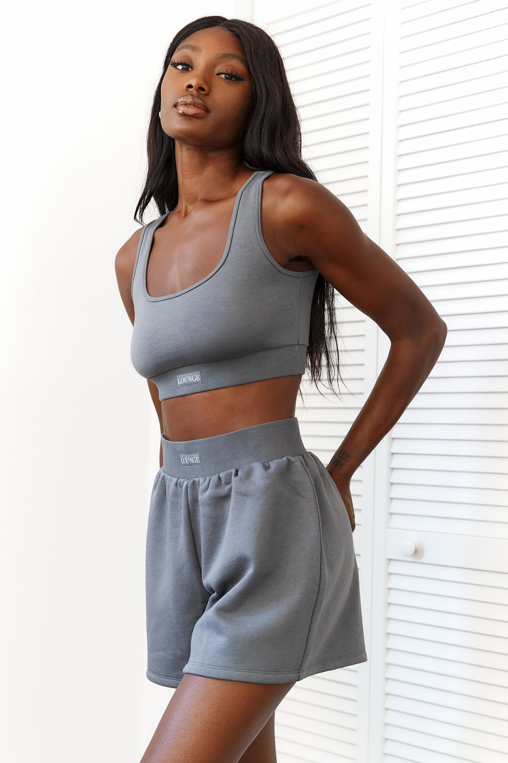 Lounge Underwear Essential Crop Top & Shorts Set Charcoal | PMXSLE-187