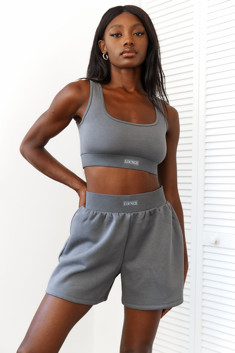 Lounge Underwear Essential Crop Top & Shorts Set Charcoal | PMXSLE-187