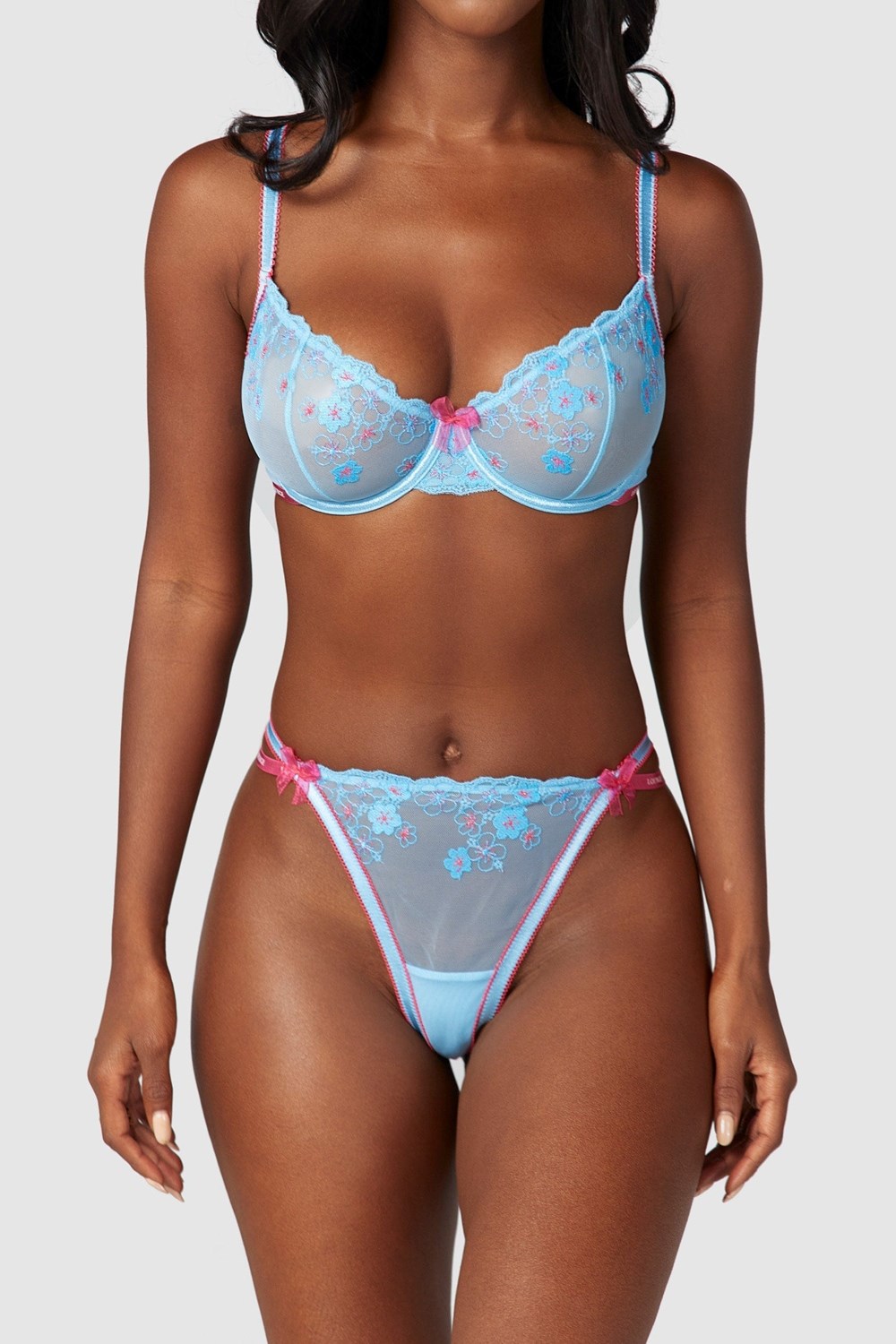 Lounge Underwear Floral Embroidered Balcony Bra & Lanières/Briefs Set Bleu | YKHCVQ-308