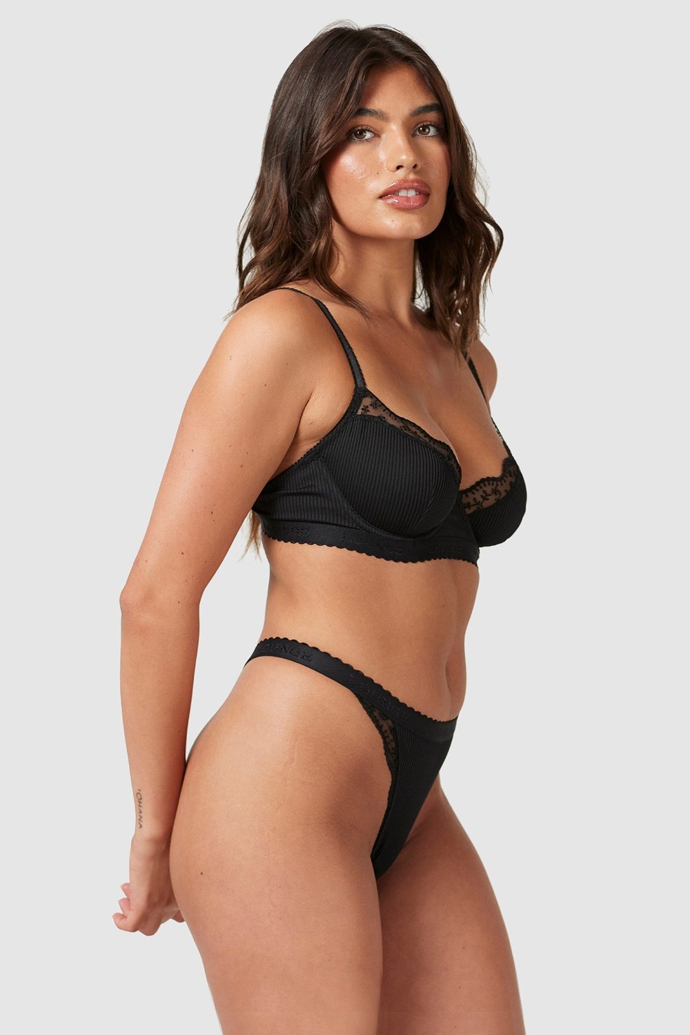 Lounge Underwear Nervuré Balcony Bra & Lanières/Briefs Set Noir | CIZASW-206