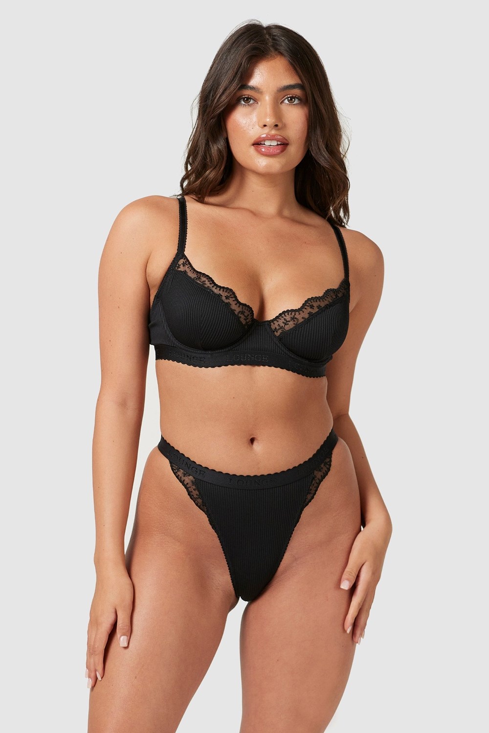 Lounge Underwear Nervuré Balcony Bra & Lanières/Briefs Set Noir | CIZASW-206