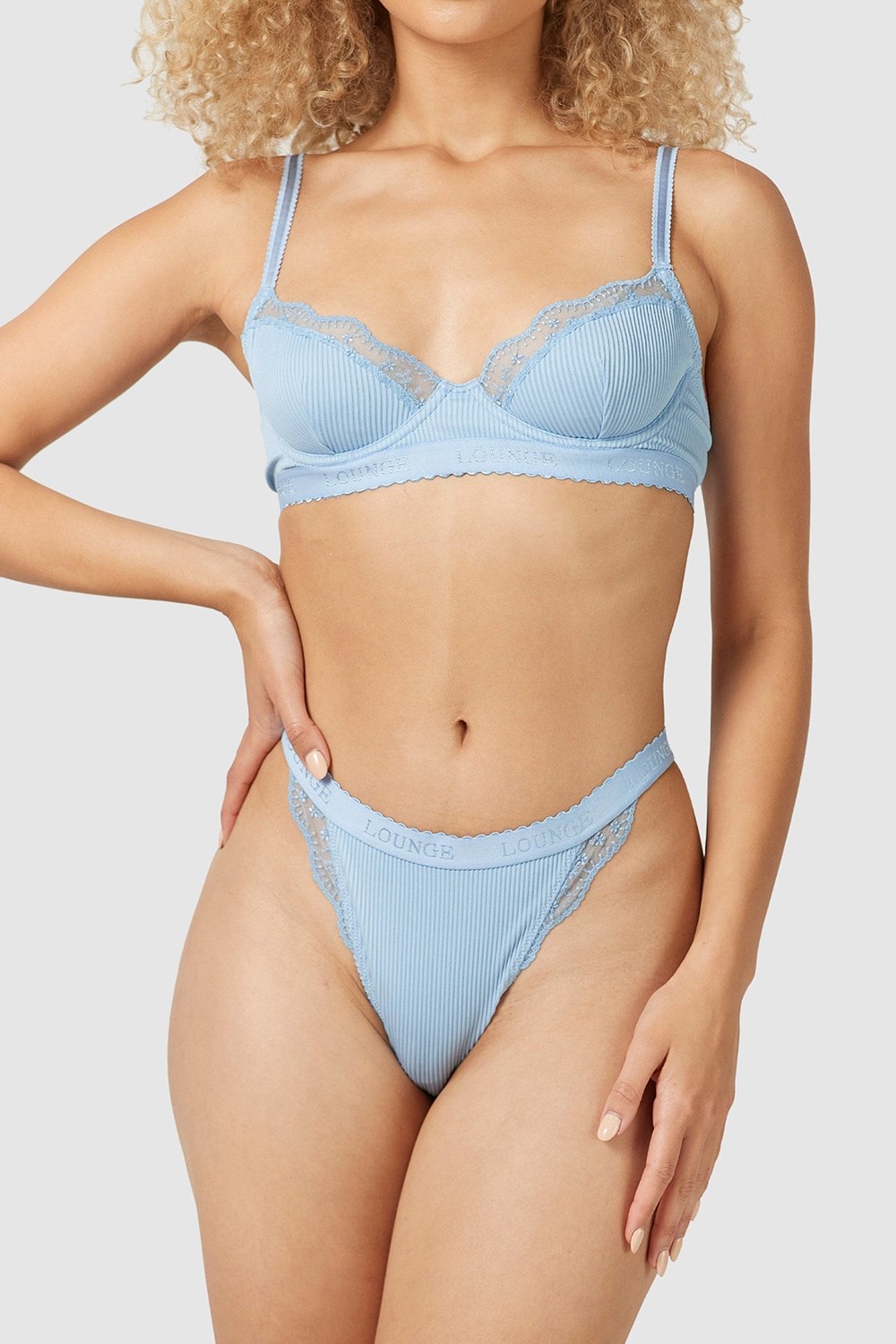 Lounge Underwear Nervuré Balcony Bra & Lanières/Briefs Set Bleu | QVJPWS-350