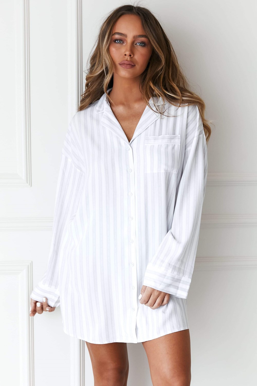 Lounge Underwear Pinstripe Oversized Pyjama Shirt & Briefs Set Frost | ZOLGRU-476