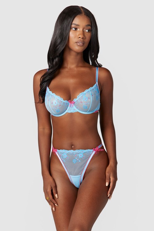 Lounge Underwear Floral Embroidered Balcony Bra & Lanières/Briefs Set Bleu | YKHCVQ-308