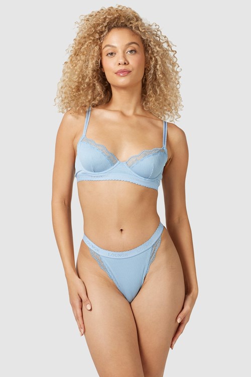 Lounge Underwear Nervuré Balcony Bra & Lanières/Briefs Set Bleu | QVJPWS-350